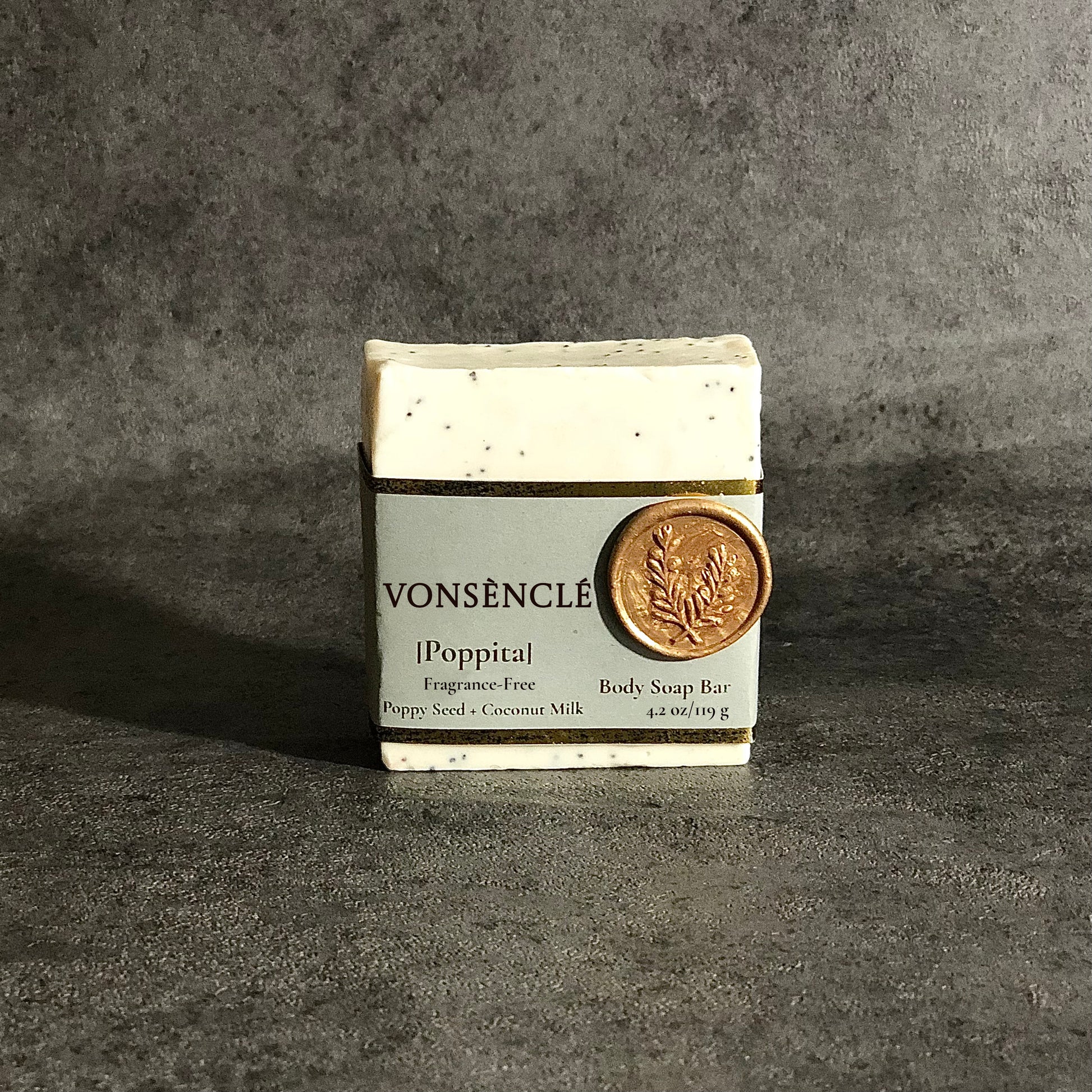 Vonsènclé body soap bar with a label containing a wax seal.
