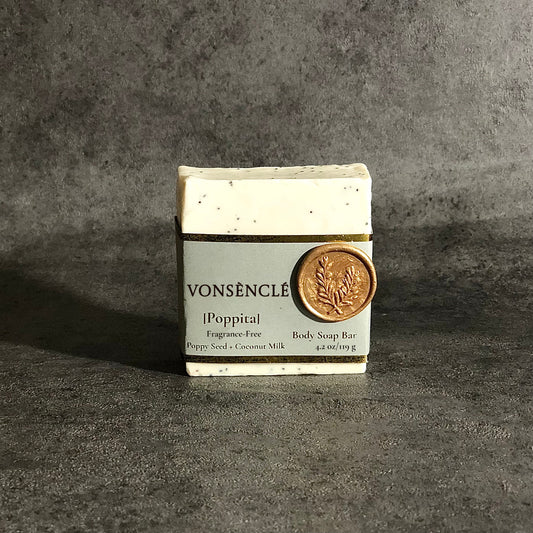 Vonsènclé body soap bar with a label containing a wax seal.
