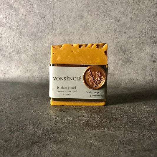 Vonsènclé body soap bar with label on a gray surface.